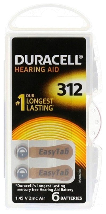 Батарейка воздушно-цинковая DURACELL ZA312 (PR41) 1.45В для слуховых аппаратов бл/6