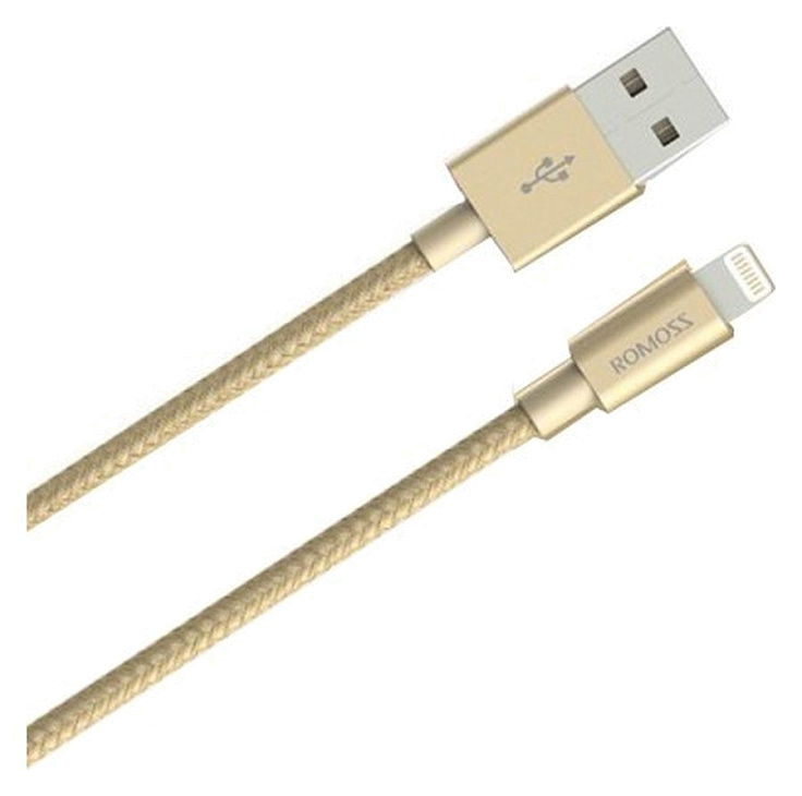 Кабель Romoss (Lightning, USB для Apple iPhone 5, 5C, 5S, 6, 6, 7 Plus) плетеный, золотой